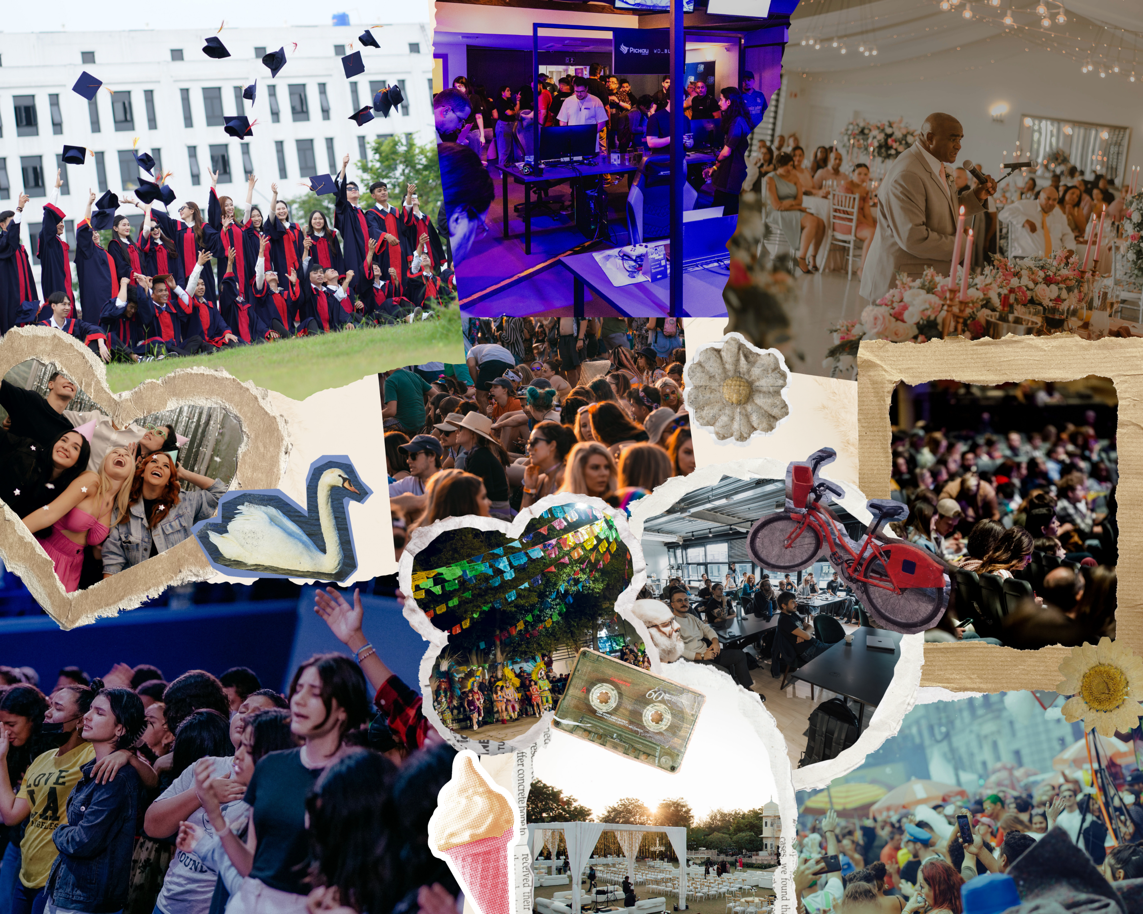photo: collage of event moments - concert, hike, dinner